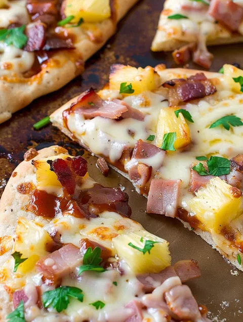 A close up of a BBQ Hawaiian Flatbread Pizza.