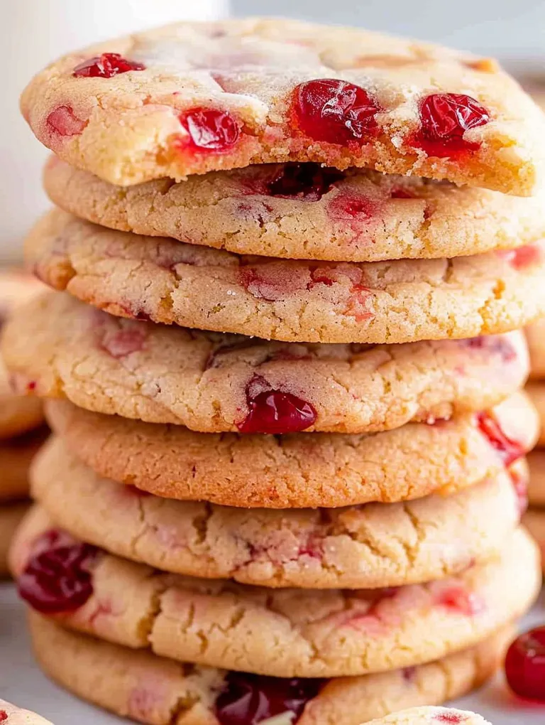 A stack of cookies with cherries on top.
