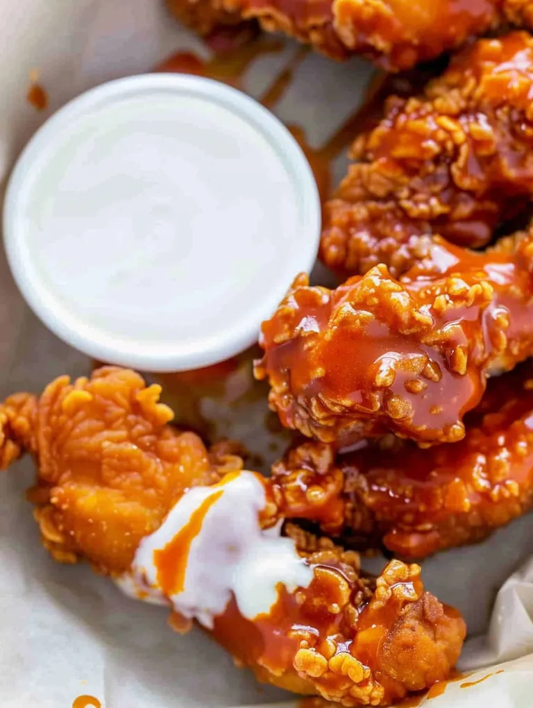 Buffalo chicken tenders with a side of ranch dressing.