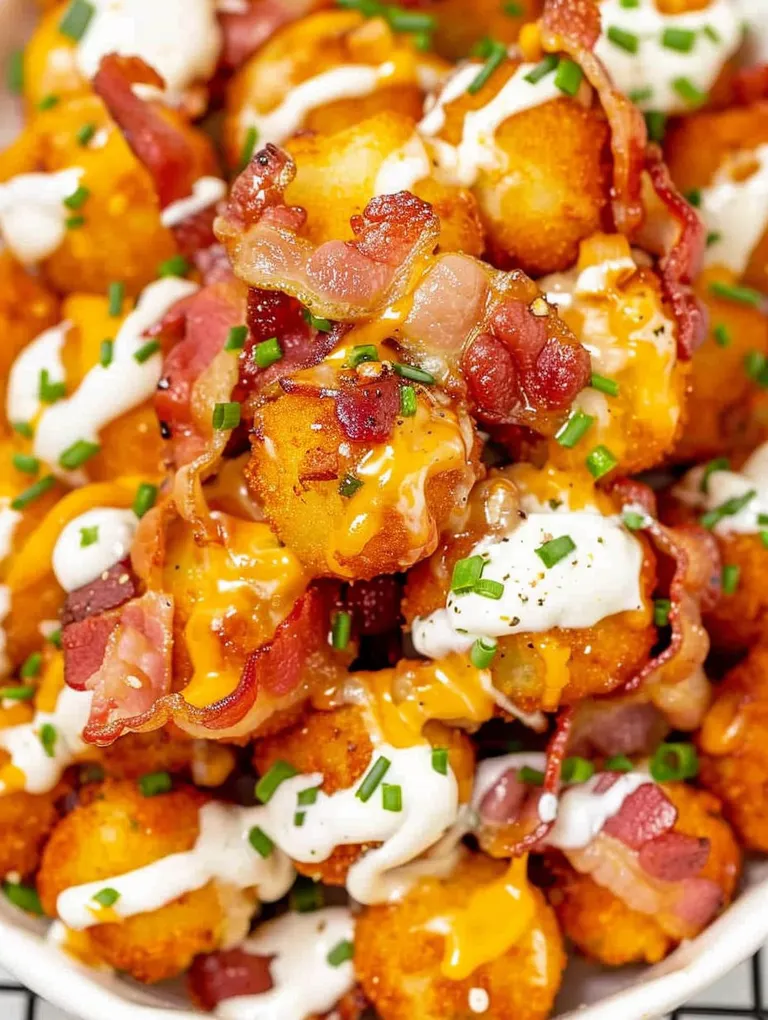 Loaded tater tots with cheese and bacon.