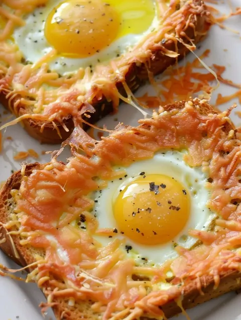 A slice of cheesy baked egg toast.