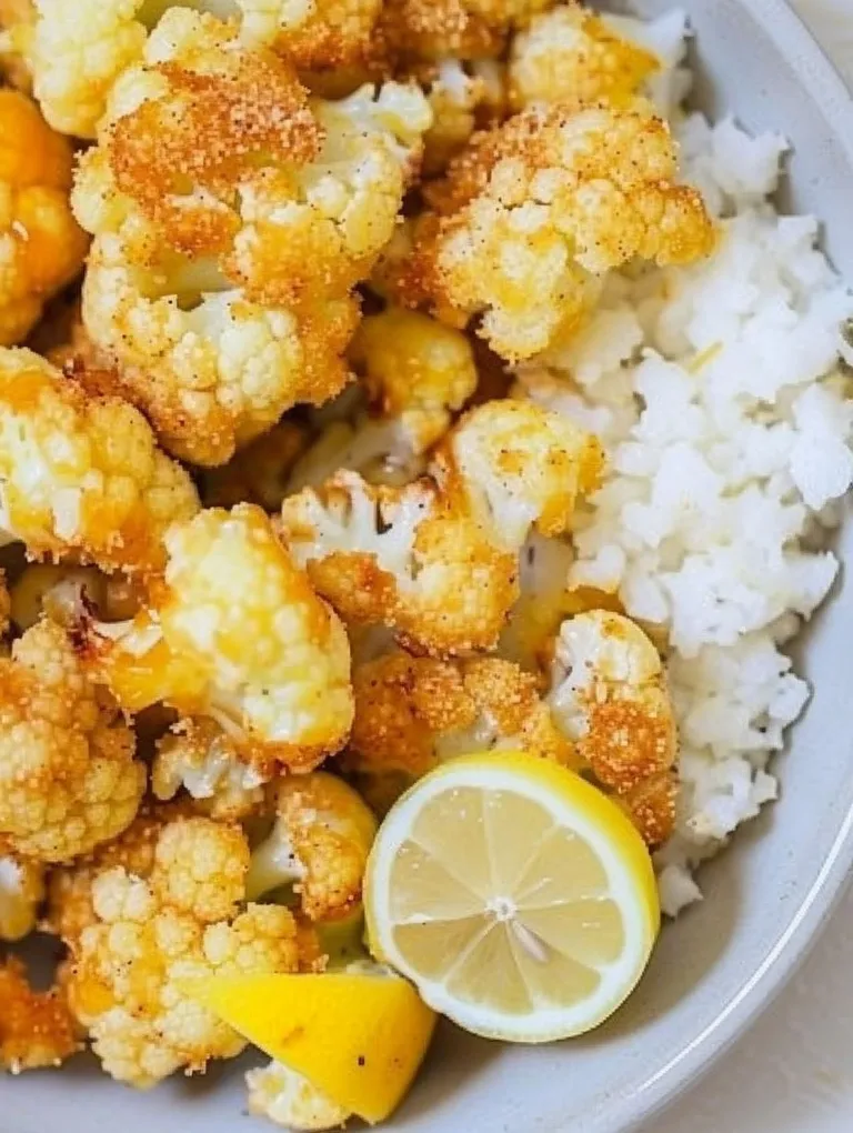 A bowl of cauliflower with lemon wedges on top.