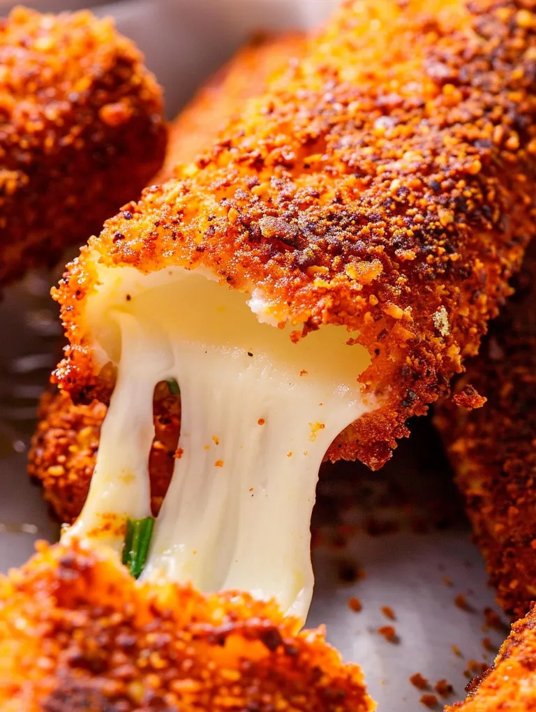 A Nashville Hot Mozzarella Stick with cheese dripping out.