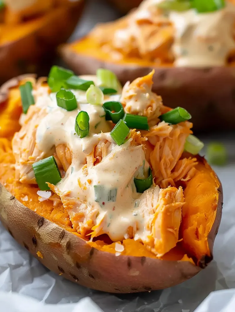 Stuffed sweet potatoes with buffalo chicken and ranch.