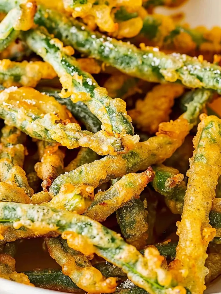 A close up of a plate of food with green beans and onions.