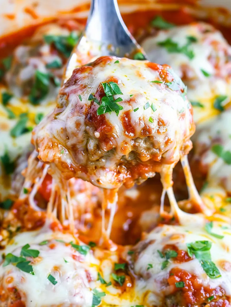 A close up of a meatball parmesan bake with cheese and sauce.