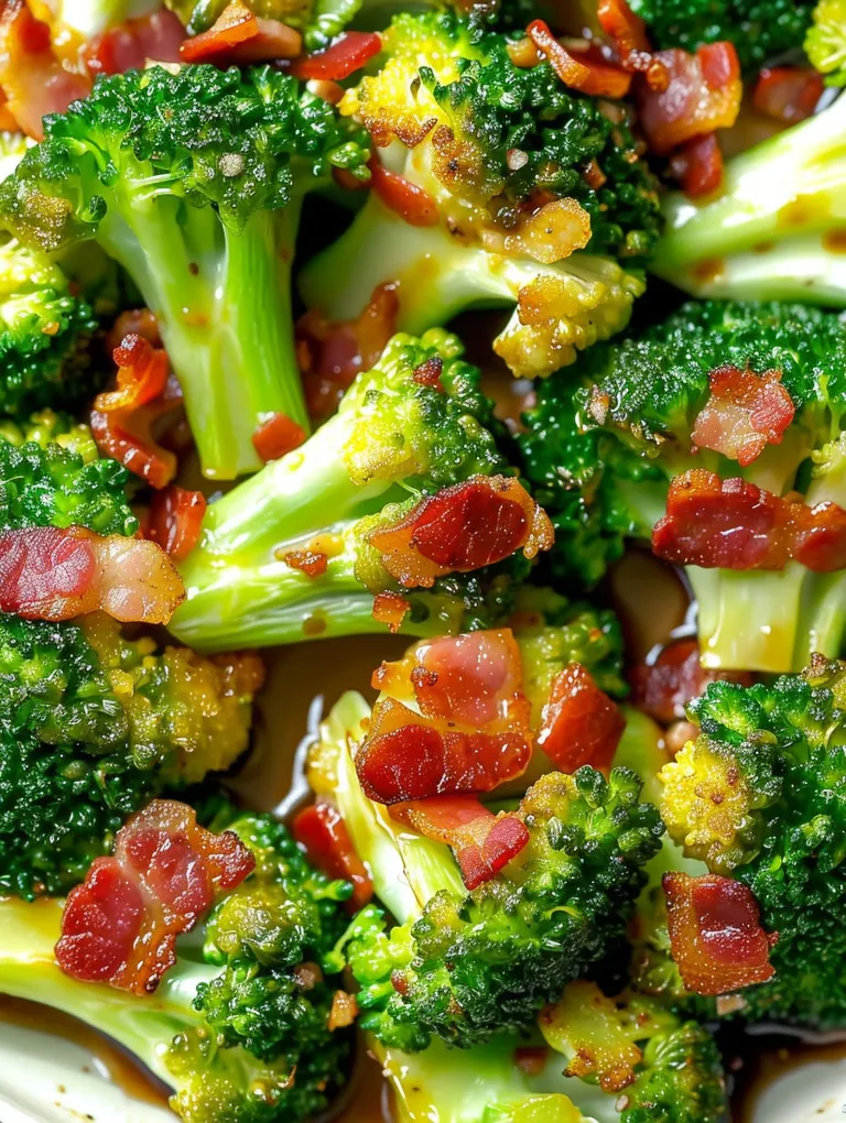 A close up of broccoli with bacon and garlic sauce.