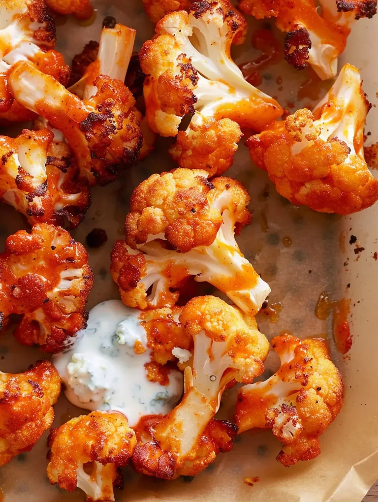 Cauliflower in an air fryer with a buffalo sauce.