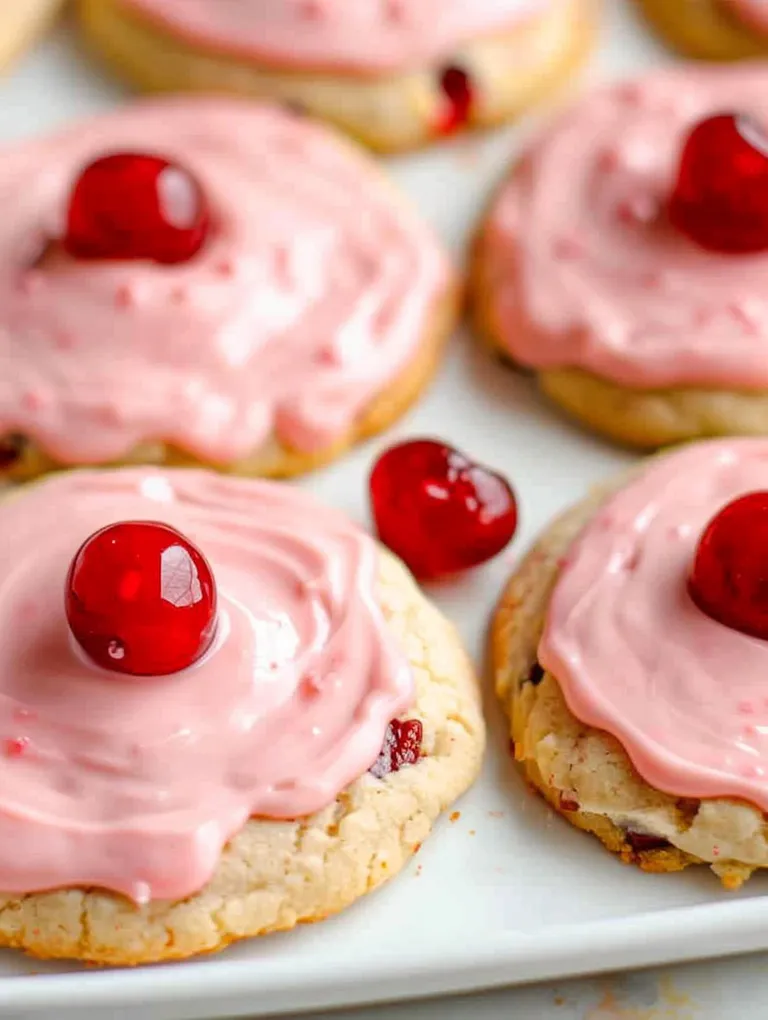 A plate of pink cookies with cherries on top.