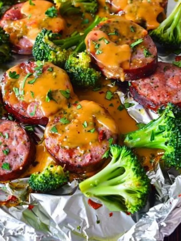 Sausage and broccoli on foil.