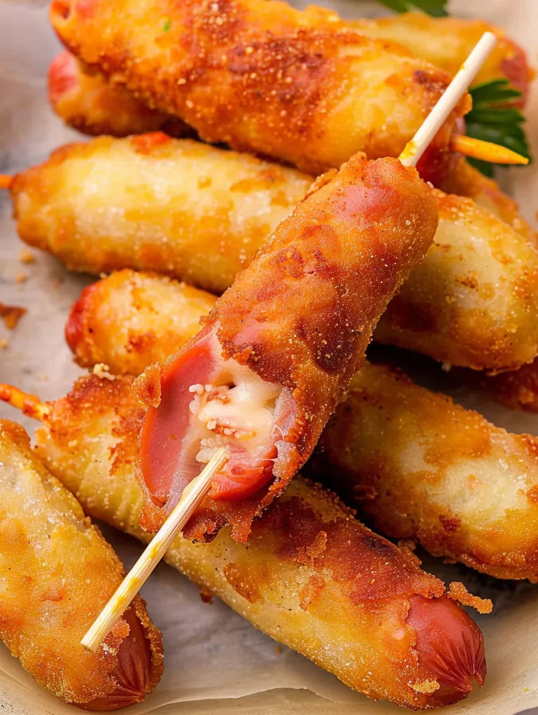 A plate of corn dogs with cheese and tomato.