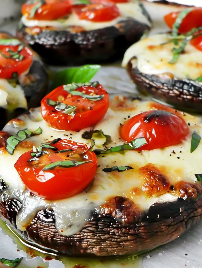 Caprese style portobellos with tomatoes and cheese.