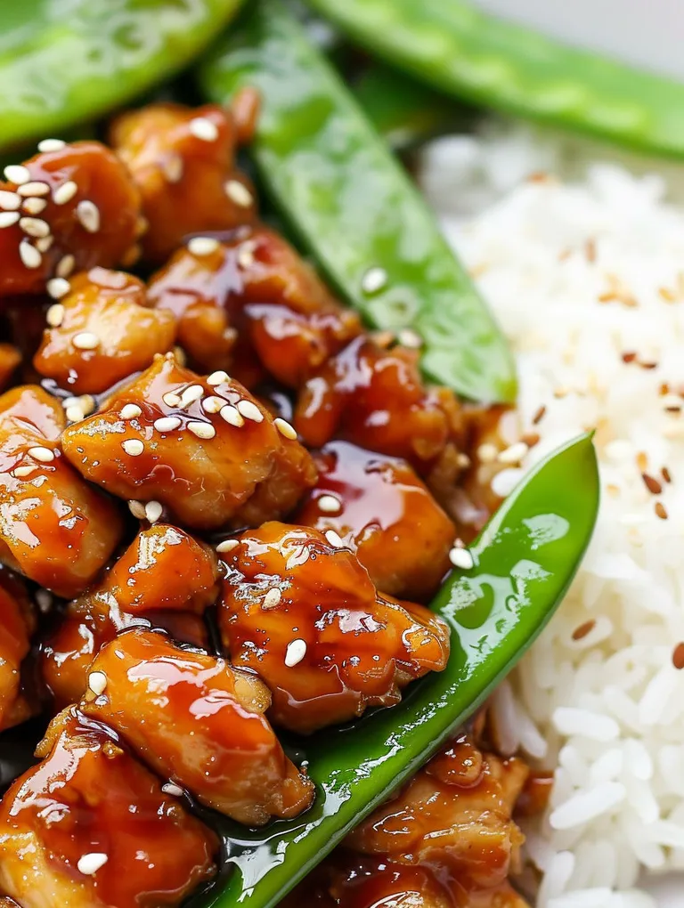 A plate of sesame chicken with rice and green beans.