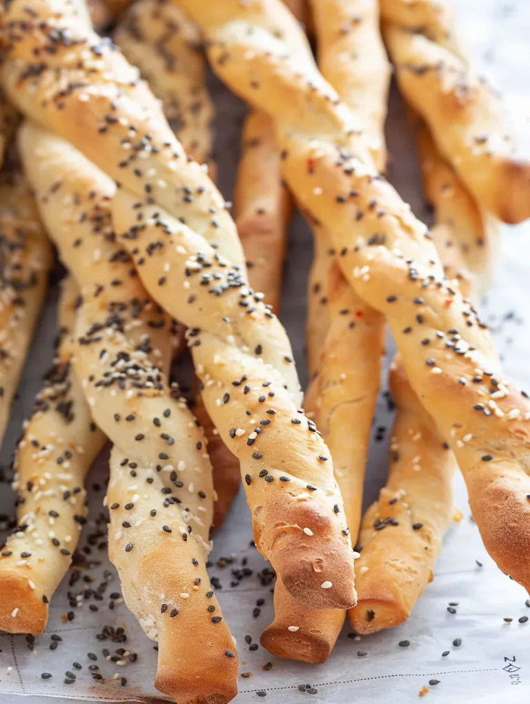 Breadsticks with sesame seeds on a table.