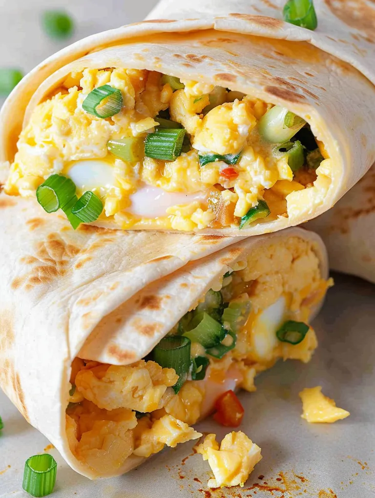 Two burritos filled with eggs and vegetables.