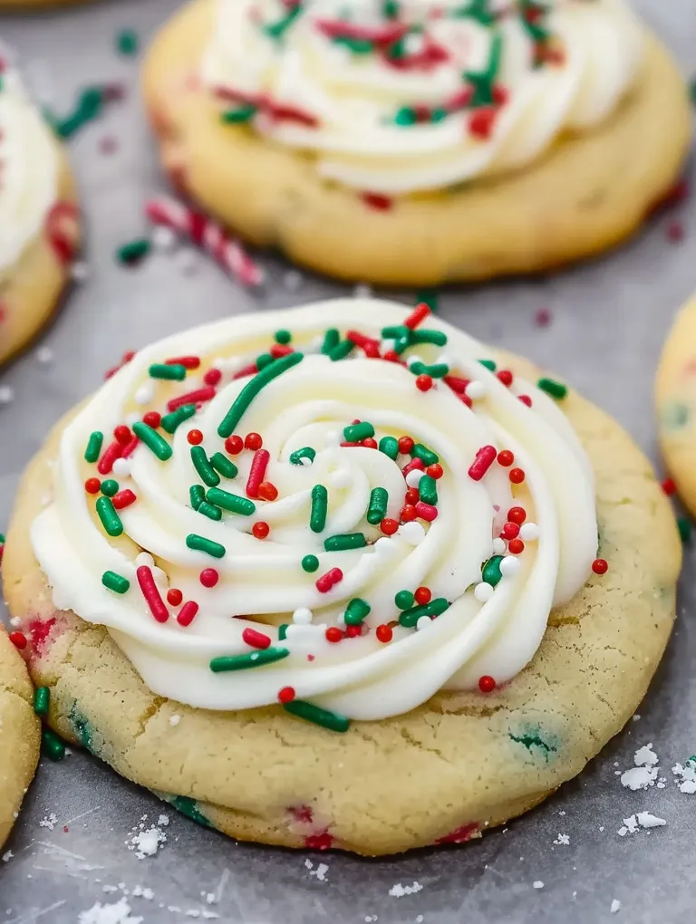 A cookie with white frosting and green and red sprinkles.