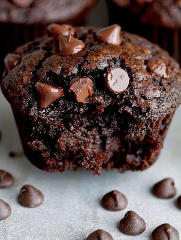 A close up of a chocolate muffin with chocolate chips on top.