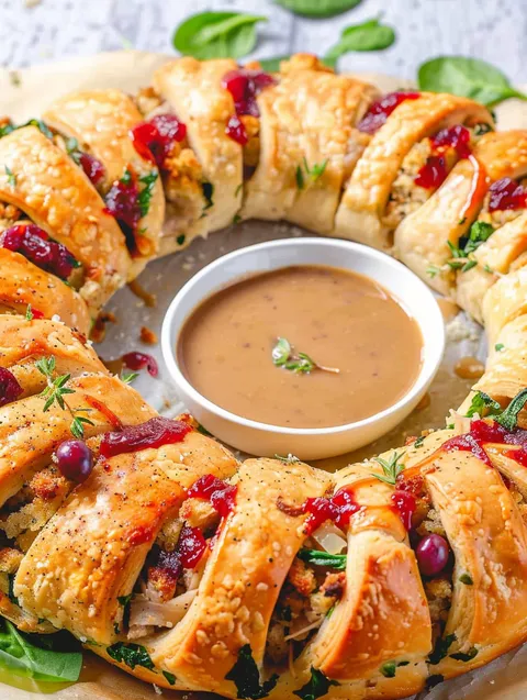 A plate of food with a crescent ring of turkey and stuffing.
