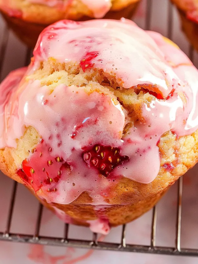 A muffin with strawberry jam on top.