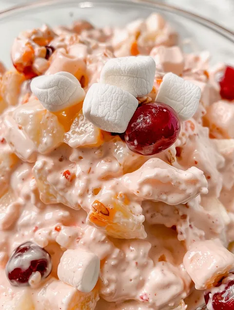 A close up of a dessert with marshmallows and cherries.
