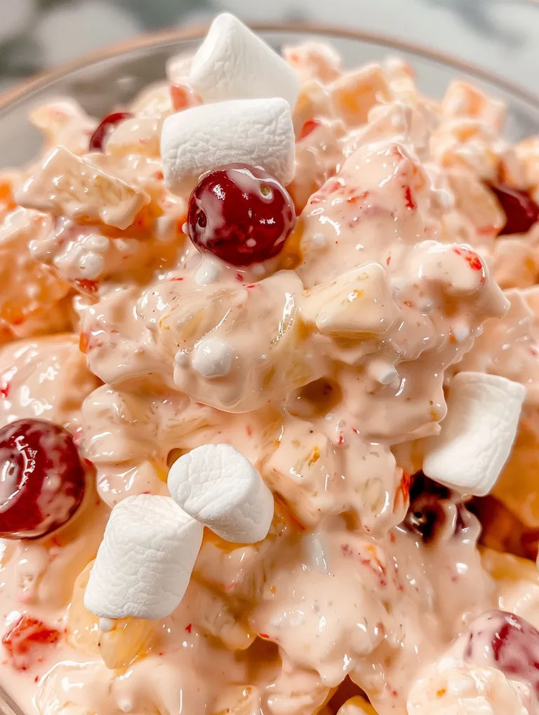 A bowl of cherry fluff dessert.