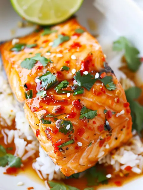 Sweet chili salmon with rice.