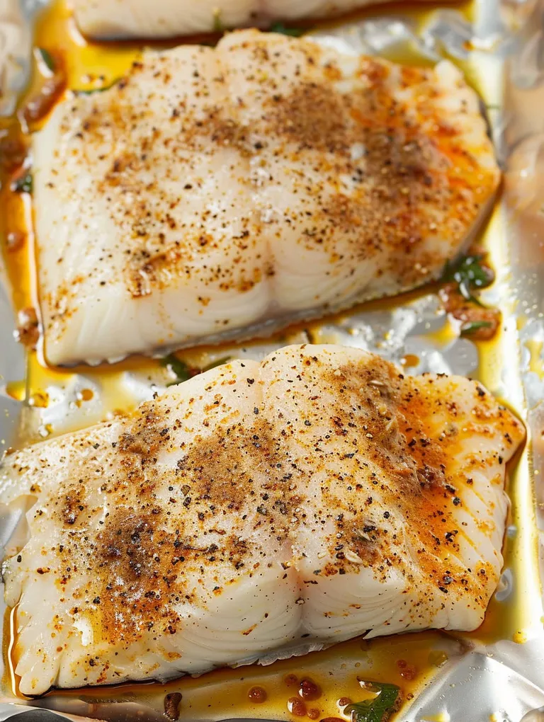 Two pieces of fish with seasoning on a tray.