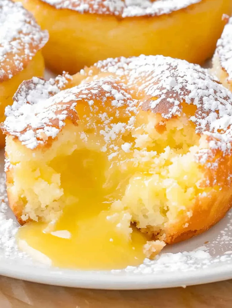 A slice of lemon lava cake with white powder on top.