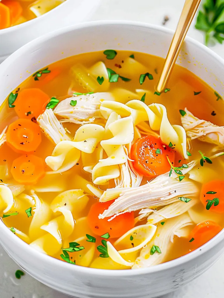 A bowl of soup with chicken, carrots, and noodles.