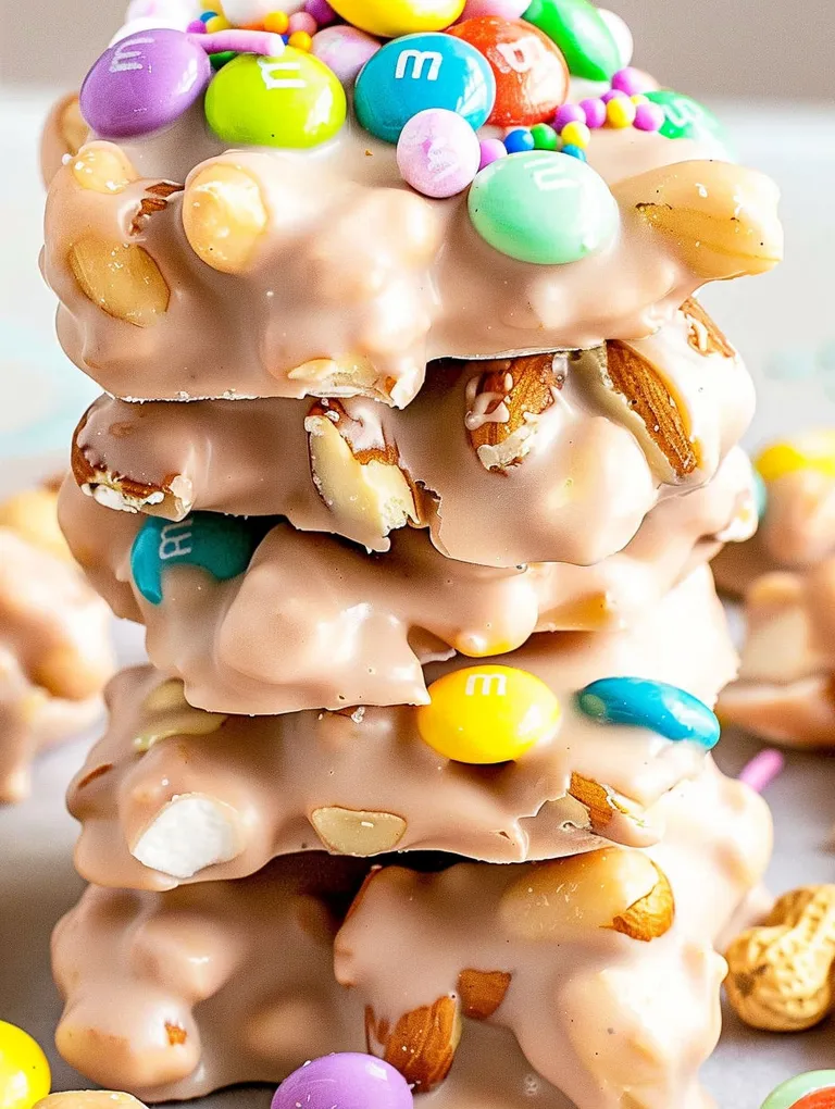 A stack of candy bars with M&M's and nuts.