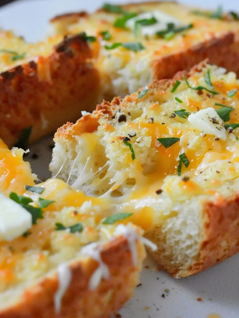 A slice of garlic bread with cheese and herbs.