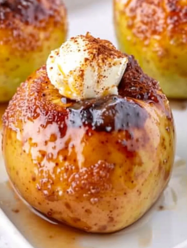 A baked apple with a dollop of butter and cinnamon.