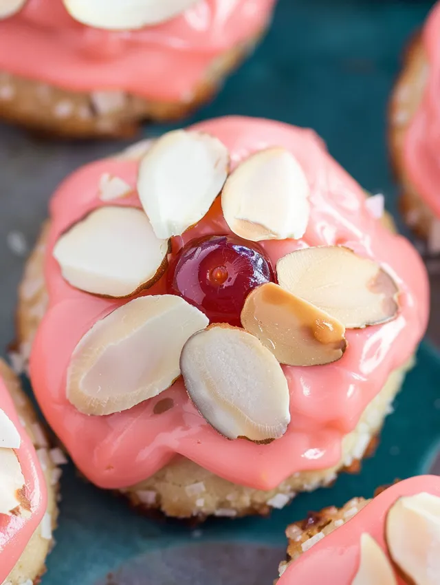 A close up of a cherry almond amish sugar cookie.