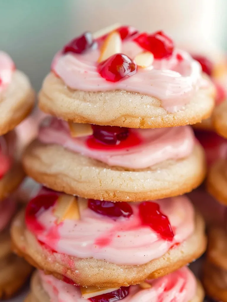A stack of sugar cookies with cherries and almonds on top.