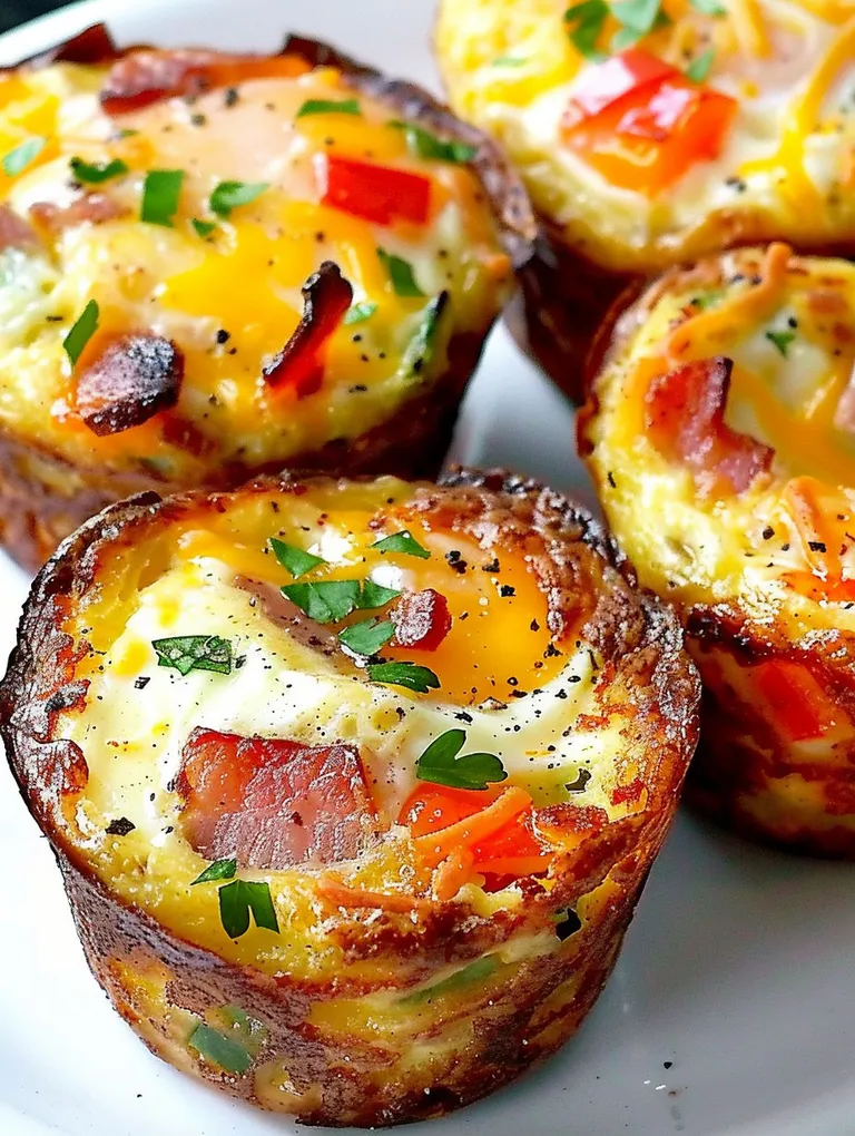 Three muffins with eggs and vegetables.