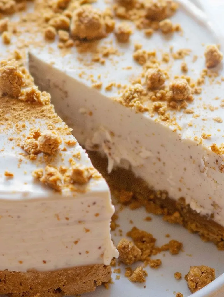A slice of cake with a white frosting and a brown crumb topping.