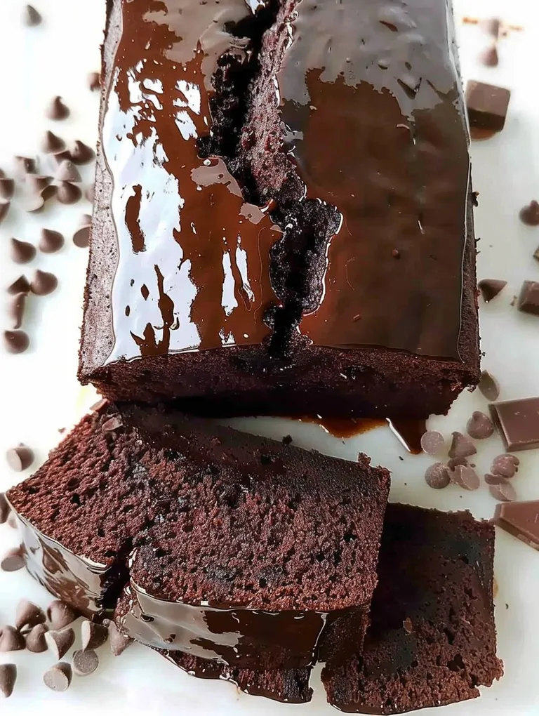 A slice of moist chocolate loaf cake.