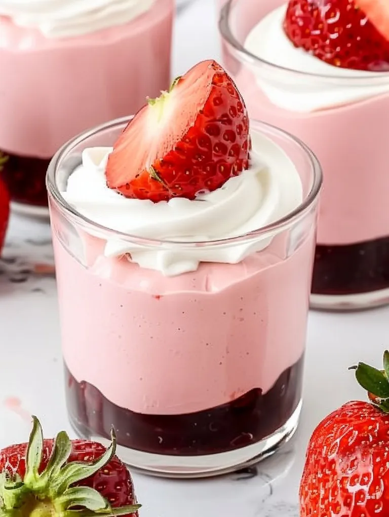 A glass of strawberry mousse with a strawberry on top.