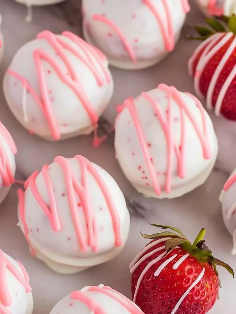 Pink and white Oreo balls with strawberries.