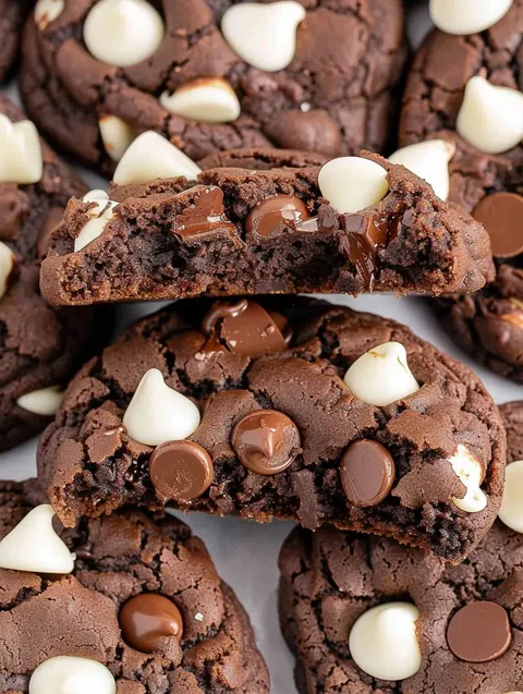 A close up of a chocolate cookie with white chocolate chips.