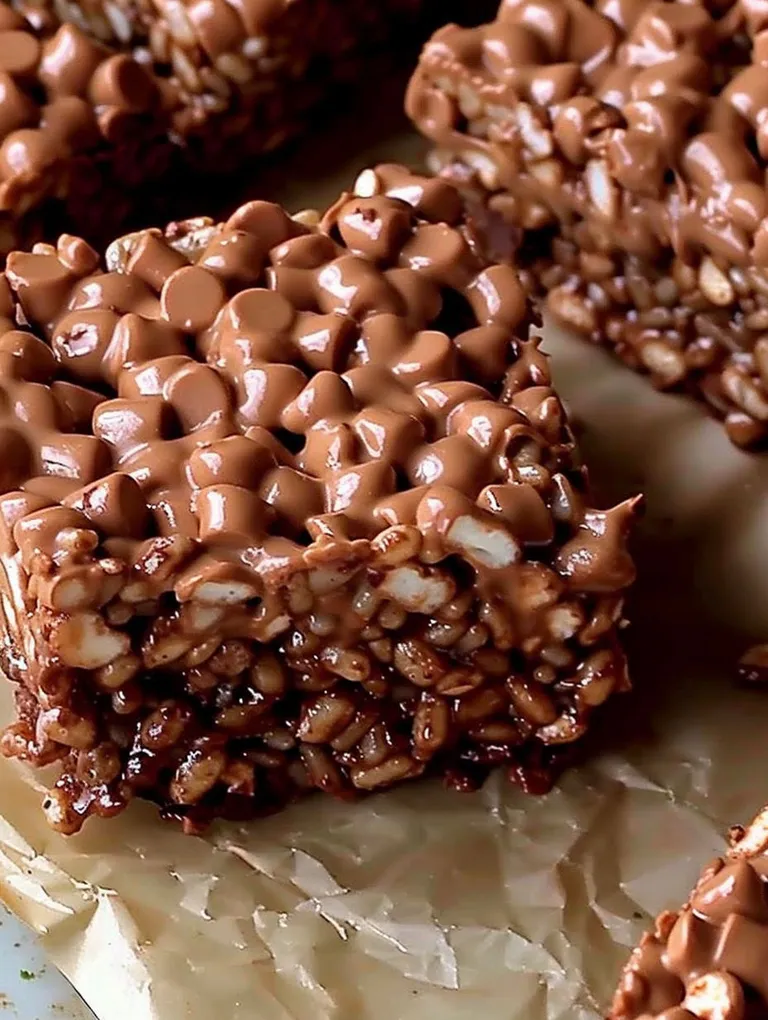 A close up of a chocolate rice krispie treat.