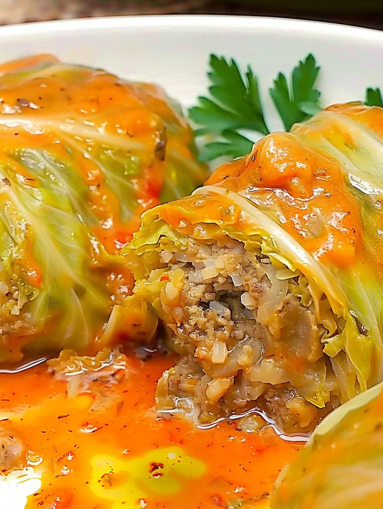 A close up of a stuffed cabbage roll.