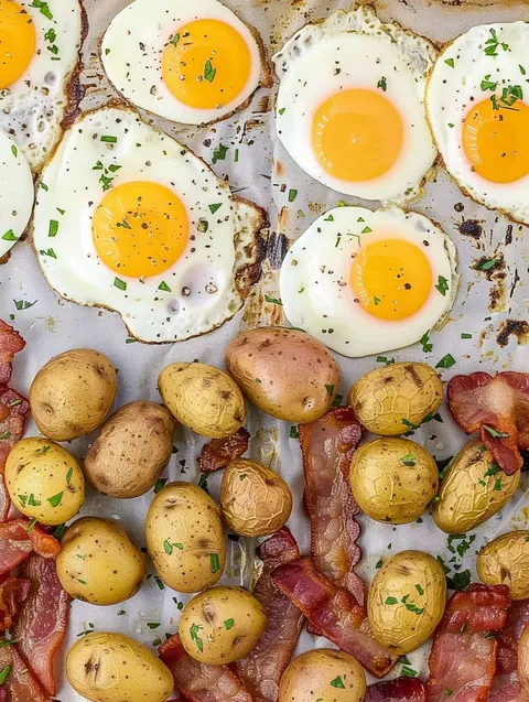 A breakfast plate with eggs, potatoes, and bacon.