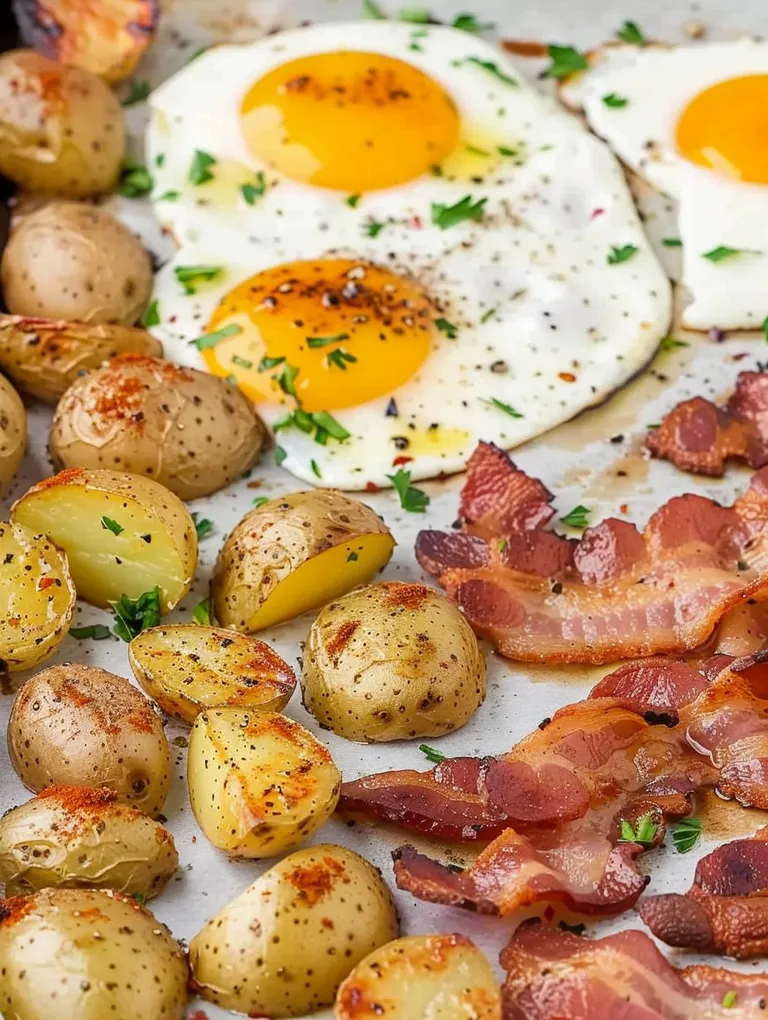 A breakfast of eggs, bacon, and potatoes.