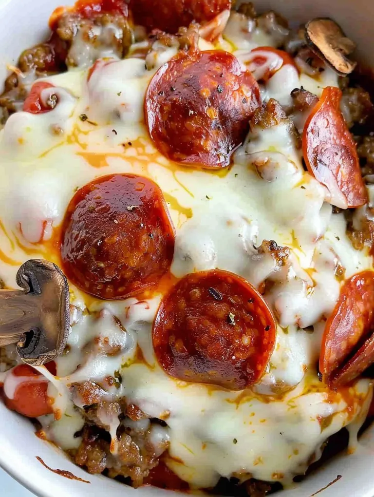 A bowl of pizza with pepperoni and cheese.