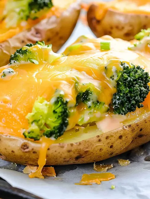 A close up of a potato with broccoli on top.