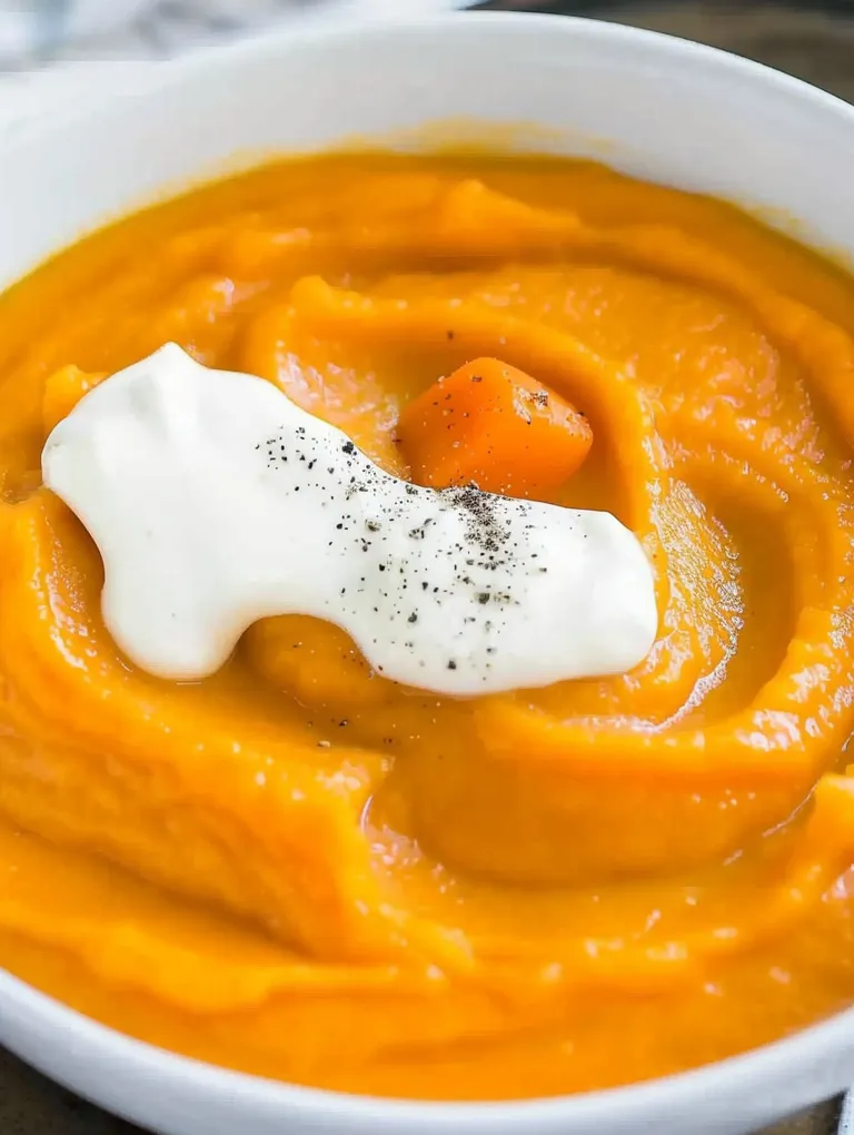 A bowl of creamy potato carrot soup with a dollop of sour cream on top.