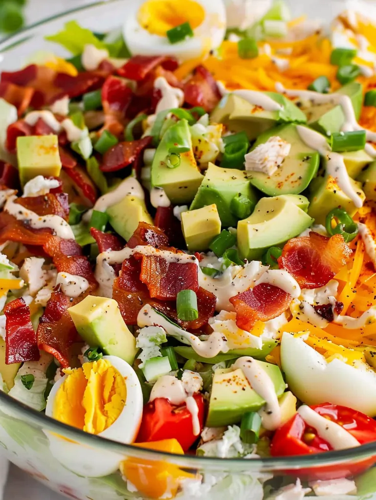 A bowl of chicken bacon ranch layered salad.
