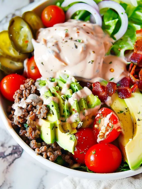 A bowl of food with a variety of ingredients including meat, avocado, tomato, and bacon.