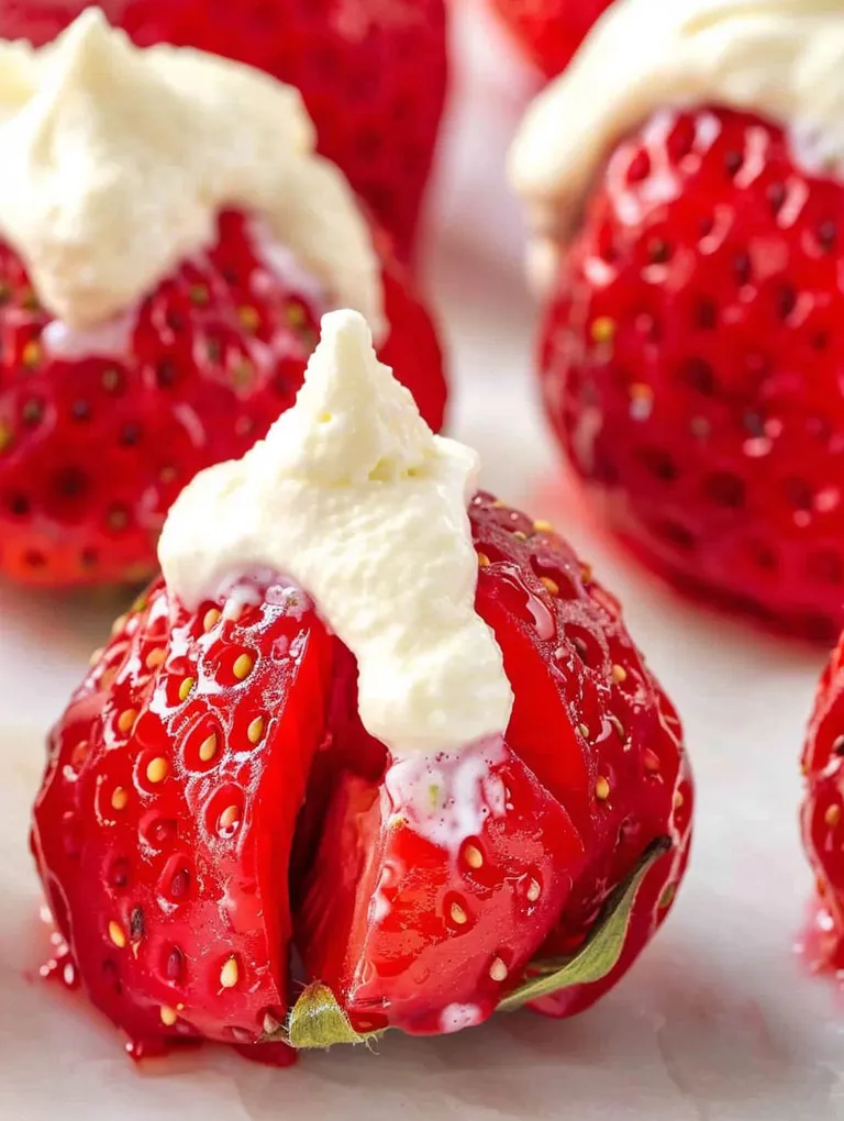 A close up of a strawberry with whipped cream on it.